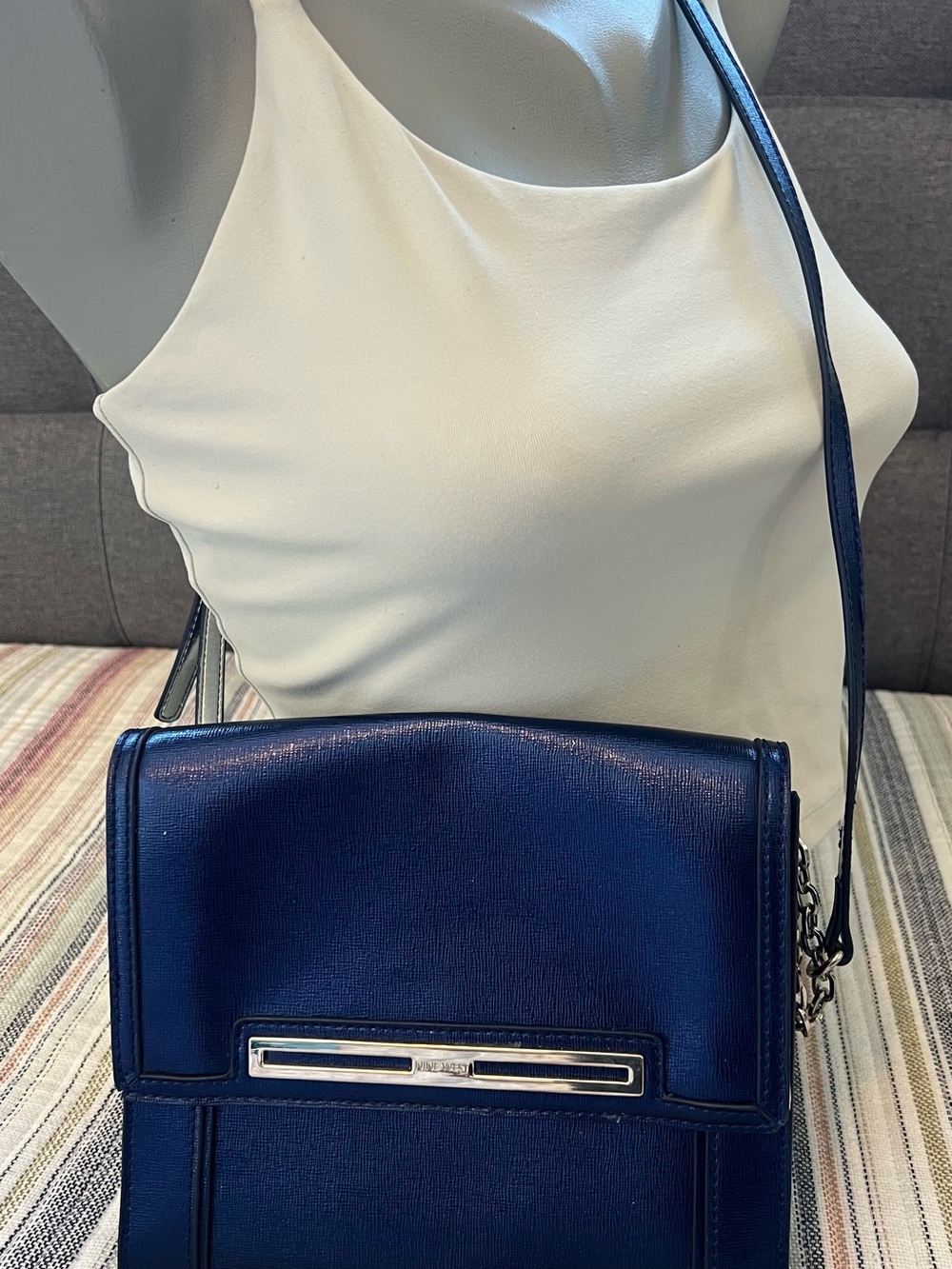 Nine West Structured Royal Midnight Blue Crossbody Bag with Silver Chain